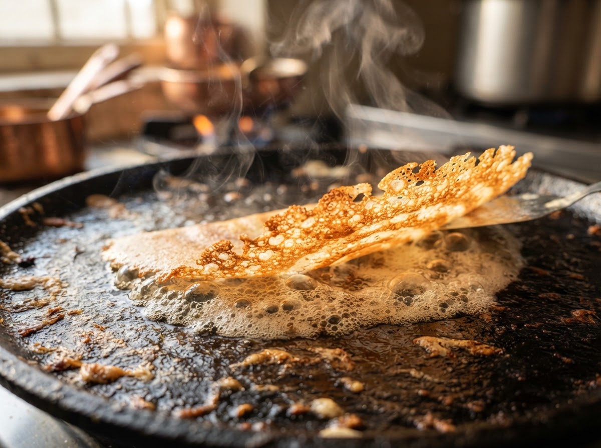 Sizzling golden crispy South Indian Dosa edge frying in foaming clarified ghee on seasoned cast-iron tawa
