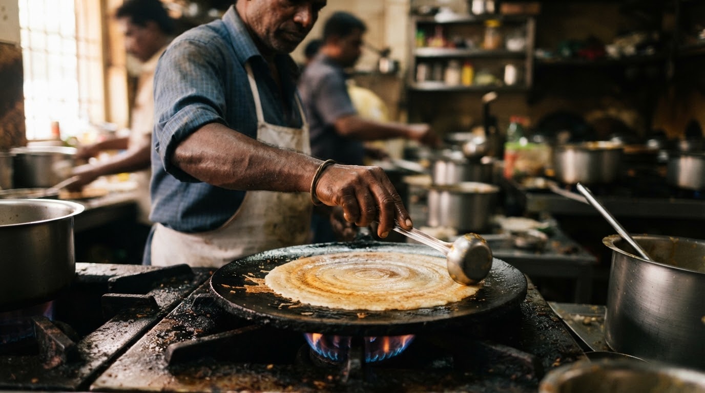 Artisan chef swirling concentric golden dosa on seasoned cast iron tawa over open flame