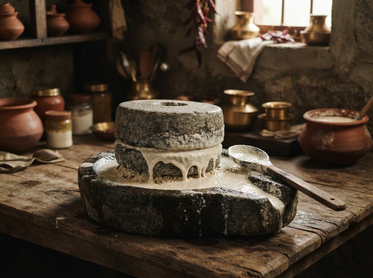 Authentic South Indian wet stone grinder with fermented white batter dripping from granite rollers
