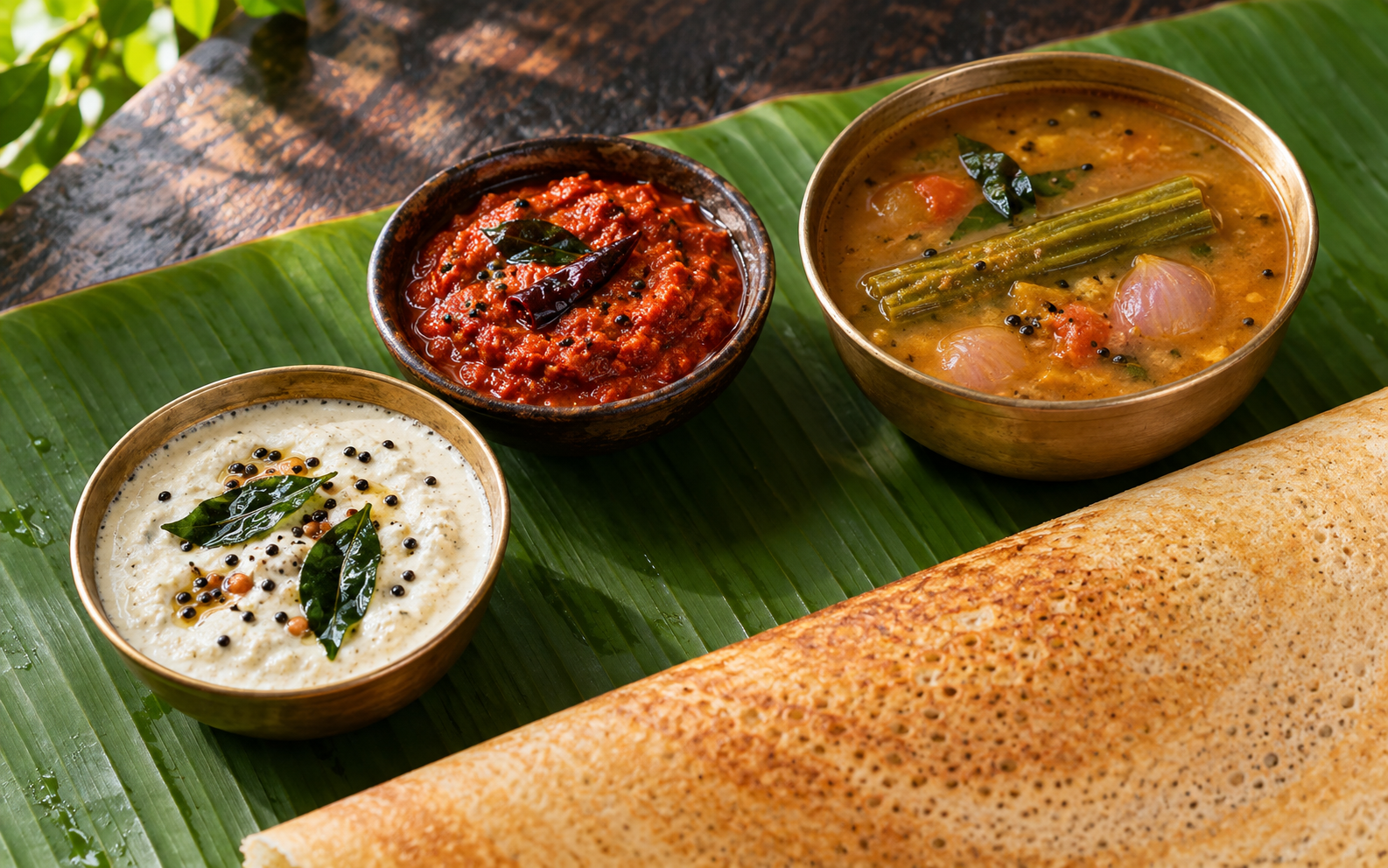 Coconut chutney, tomato chutney, and drumstick sambar served with a crisp dosa on a banana leaf